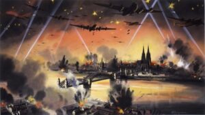 fficial British war art imagining a bombing raid on Cologne with the city’s cathedral is clearly visible. It survived the war, despite being hit dozens of times by Allied bombs. (Image by the National Archives UK, No restrictions, via Wikimedia Commons)