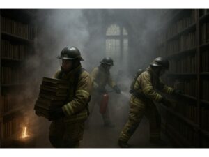 Ai generated image of firefighters tackling a fire in a small library.