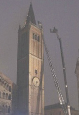 Fire of the roof of Parma (Italy) Cathedral Belltower